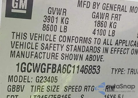 2012 Chevrolet Express 2500 Work Van z USA, uszkodzony, nr VIN 1GCWGFBA6C1146853
